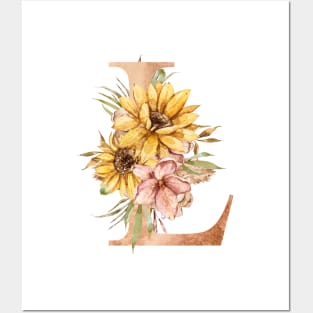 Watercolor sunflower bouquet wedding monogram letter L gift Posters and Art